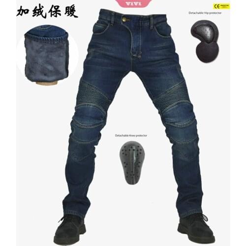 2021 Winter New Mens Warm Motorcycle Pants Fashion Thick Denim Trousers Fleece Stretch Pants