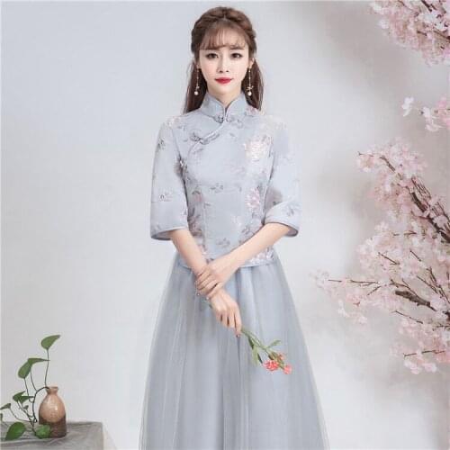 Autumn A-Line Three Quarter Ankle-Length Stand Collar Floral Red Gray Bule Vintage Mesh Adult Ceremony Bridesmaid Dresses 9948