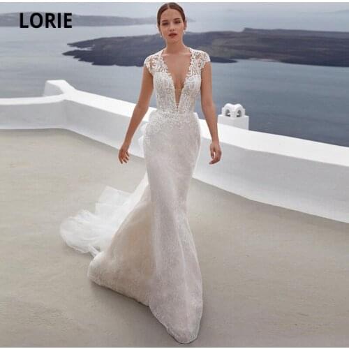 LORIE Beach Wedding Dresses with Detachable Train V-Neck Appliques Lace Mermaid Wedding Gown Cap Sleeves Boho Bridal Dress 2021