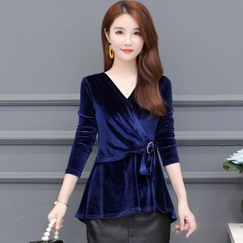 Fall Spring Casual Womens V Neck Pleated Black Navy Velour Top T Shirt , Woman Female 5xl High Waisted Velvet Shirts Tops
