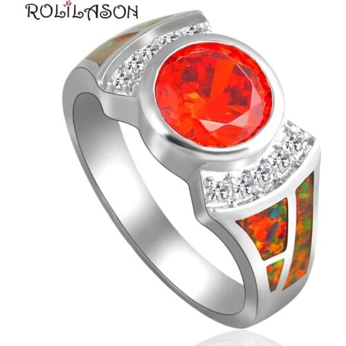 ROLILASON Party rings for women Orange Fire Opal silver color Orange ZirconiaJewelry Ring USA Sz #6#7#8#9 OR679