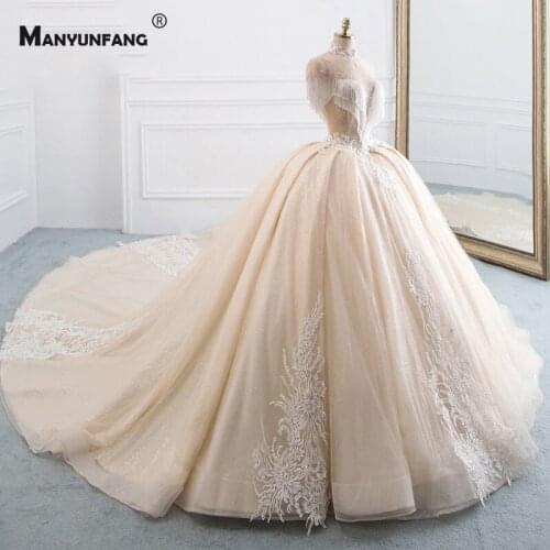 2021 New Arrival Beading Cap Sleeve Embroidery Appliques Tulle Wedding Dress Luxury High Neck Cathedral Train Bridal Ball Gown