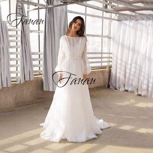 Scoop Neck Backless Long Sleeve Wedding Dress Simple Chiffon Floor Length See-Through Bridal Gown robe de soirée de mariage