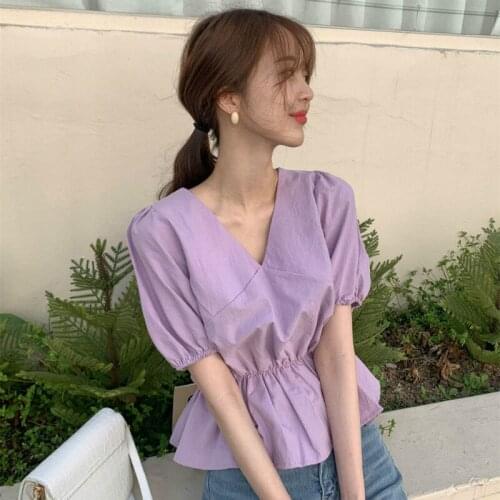 Women Summer Sweet Purple V Neck Short Blouse Slim Waist Ruffle Hem Shirt Puff Sleeve Pullover Top