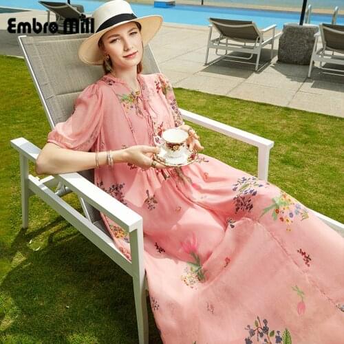 Womens Summer New Street Style Loose Mid-Length Mulberry Silk Printed A-line Young Forest Flower Series Lady Dress S-XL