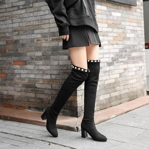 New autumn and winter boots show thin elastic boots pearl decoration high heel knee high boots woman