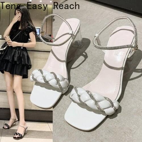 Sandals womens new high-heeled womens sandals one word buckle rhinestone thick with fish mouth womens shoes