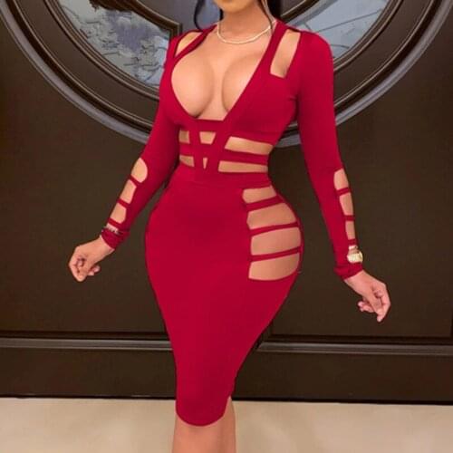 Sexy Lady Hollow Out Cut Wine Red Long Sleeve Sweetheart Deep V High Quality Women Bodycon Rayon Bandage Dresses Wholesale