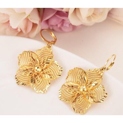 Big siz gold flower Earrings GoldAfrica Dubai charms bodyJewelry Women girls wedding bridal party jewellery hoop Earrings gifts