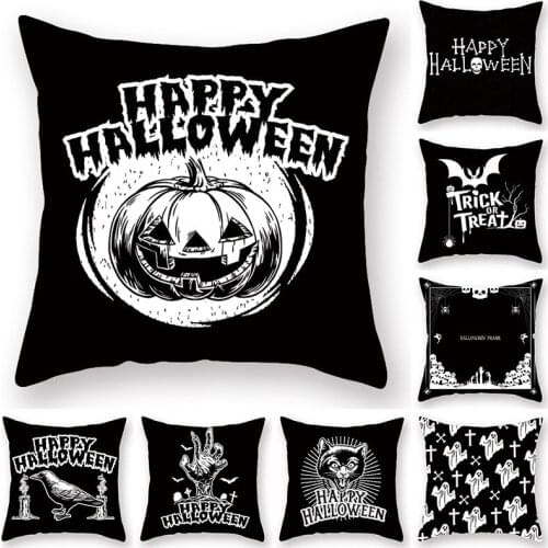 Halloween Series Peach Skin Pillowcase Black White Skull Pumpkin Ghost Pillow Case for Sofa Car Home Decor Fabric Cushion Cover