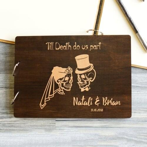 Halloween Wood Wedding Guestbook Autumn Wedding Till Death Do Us Part Unique Guest Book,Sugar Skull Engraved Custom Guestbook