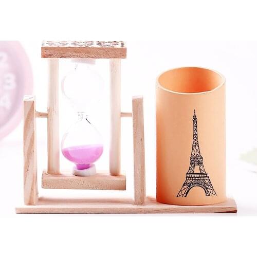 Pen Holder Creative Desktop Timer with Pen Holder Rotating Hourglass Wooden Office Stationery Frosted Pen Holder Decoration Gift