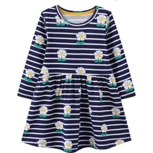 Kids Clothes Girls Stripe Flowers Long Sleeve Dress Baby Toddler Color Patchwork Cartoon Cat Dresses Childrens Cotton Clothing