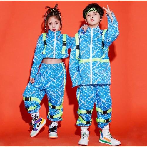 Hip Hop Costume Kids Blue Shirts Boys HipHop Loose Pants Performance Outfit Girls Jazz Dance Autumn Clothes For Children