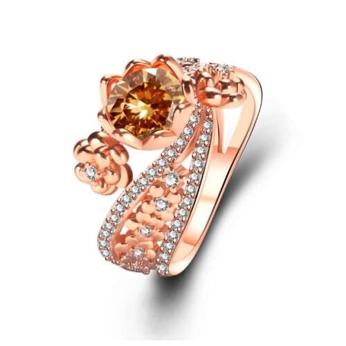 Hainon Fashion Flower Plant Rose Gold Color Engagement Ring for Female Luxury Princess Cut Champagne Zircon Wedding Rings Gifts
