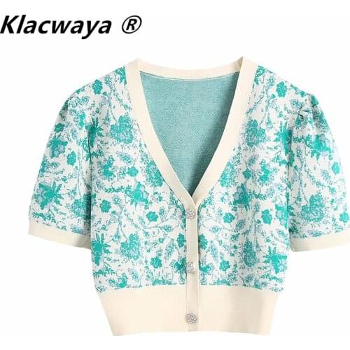 Klacwaya Women 2021 New Fashion V Neck Floral Print Jacquard Short Knitted Sweater Female Chic Puff Sleeve Cardigans Crop Tops
