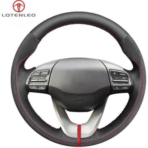 LQTENLEO Black Suede Genuine Leather Car Steering Wheel Cover For Hyundai Veloster 2018 2019 i30 2017-2019 Elantra 2018 2019