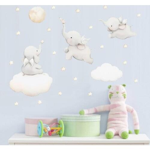 Cute Cartoon Stars Cloud Wall Stickers Elephant Animal Sticker Baby Kids Room Decoration Nordic Style Nursery Vinyl Wall Decals