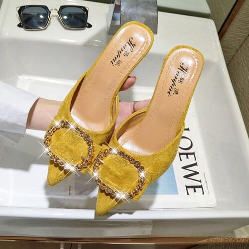 Women Summer High Heels Mules Slippers Ladies Pointed Toe Strange Style Crystal Outside Shoes Flock Woman Fashion Footwear A068
