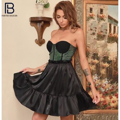 PB Stylish High Waist Sequins Design Mini Dress Sexy Strapless Sleeveless Celebrity Party Club Bandage Vestido Free Shipping