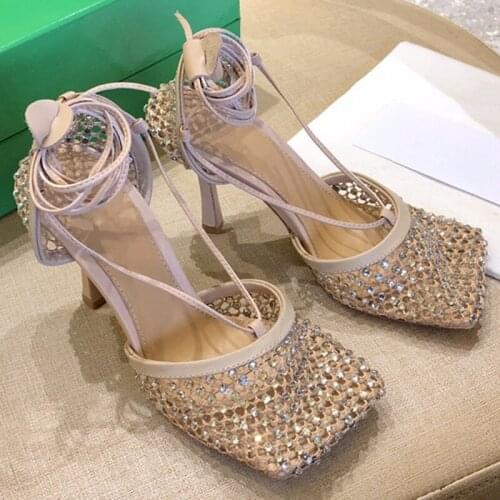 Mesh Breathable Woman Sandals Diamonds Thin Heels Shoes Women Lace Up Sliders Square Head Shoes Fashion Concise Sandals 2021