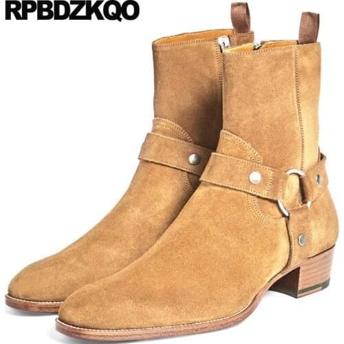 High Quality Full Grain Leather Boots Autumn Zipper Italian Male Short Plus Size Shoes Men 2018 Brown Chunky Ankle Harness Suede