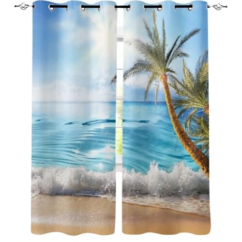 Beach Waves Coconut Trees Window Curtains Bedroom Kitchen Curtain Panel Christmas Home Decor Curtains for Living Room