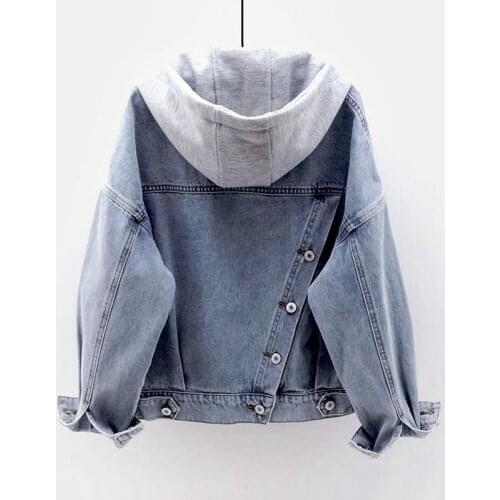 Denim Jacket Womens Loose Korean Short 2021 Spring Autumn BF Long Sleeve Hooded Jacket Large Pocket Versatile Jean Coat