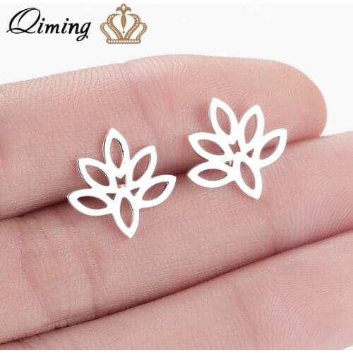 QIMING Gold Leaf Earrings Retro Ethnic Jewelry Women Studs Ear Gold Post Stud Earrings Dainty Female Leaves Gift