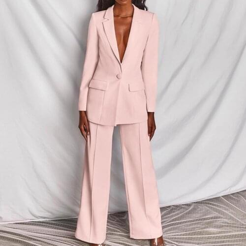 Women office Pant Suit Single breasted Full Sleeve Blazers Jacket+Wide leg Pant Two Pieces Set Lady Outfits Work Clothes