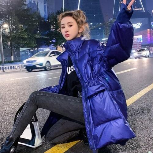 2021 New Arrival Winter Korean Style Women Loose Casual Long Sleeve Stand Collar Coat Zipper Cotton Big Pocket Design Coats W599