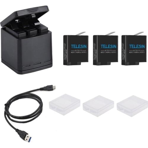 Telesin 3-way charger + 3 Lion battery + USB C Cable for Gopro hero5 hero6 hero7 2018, charging kit for hero 5 6 7 accessories