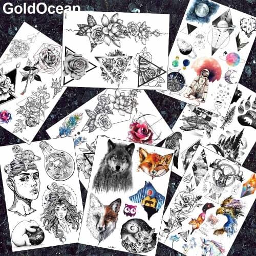 GoldOcean 3D Black Chains Sexy Triangle Lotus Saturna Tattoos Stickers Flash Women Wolf Fox Tatto Temporary Men Chest Arm Tattoo