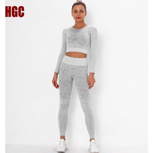 HGC Seamless Suit Woman Long Sleeve Camouflage Yoga Set 2 Piece Gym Sport Leggings And Top Workout Running Fitness Sportwear