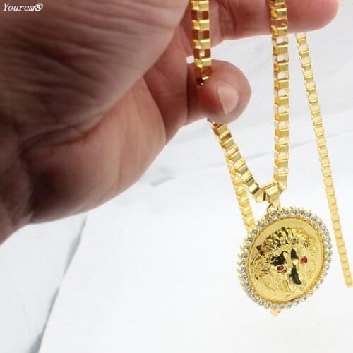 Red eyes full rhinestone hiphop rock long chain golden lion necklaces women men fj041