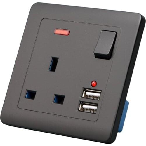 Electrical Wall Socket UK Plug with 2 USB Port Outlets Plate Universal Black