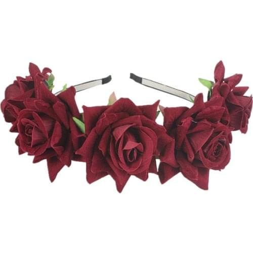 Sugarbay Flannel Wine Red Rose Flower Headdress Hair Hoop Wedding Flower Garland Festival Floral Headband Handmade Bride Wreath
