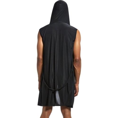 Kimono Men Bathrobe Hoodie Sleeveless Rayon Silk Robe Man Sexy Home Sleepwear Big Size Belt Gown Cool Solid Pjs