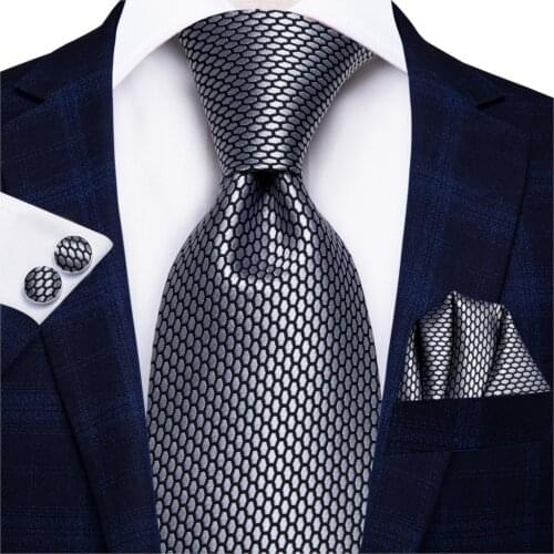 Hi-Tie Grey Fashion Business Silver Plaid 100% Silk Mens Tie NeckTie 8.5cm Ties for Men Formal Luxury Wedding Quality Gravata