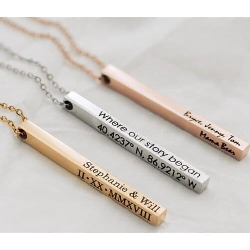 Customized Personality Engrave Coordinates Name Stainless Steel Bar Necklace Pendant Men Women Valentines Day Gift for Lovers