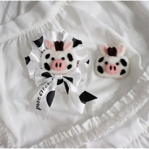 Kawaii Lolita Cute Animal Cow Bow Badge Brooch Pins Ribbon Hairpin Collect Handmade Gift D748