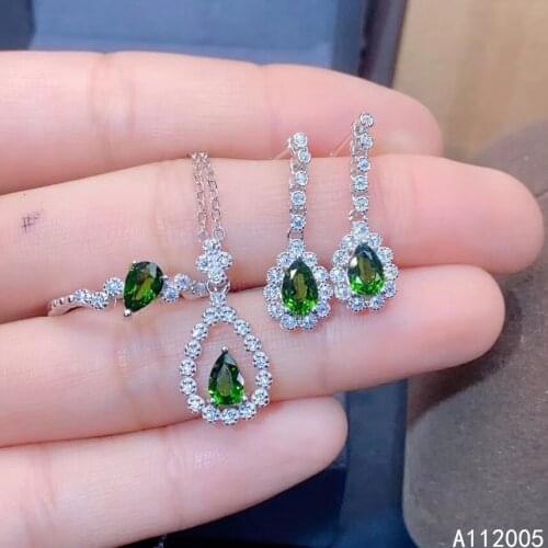 KJJEAXCMY Fine Jewelry 925 sterling silver inlaid natural diopside ring pendant earring set lovely supports test