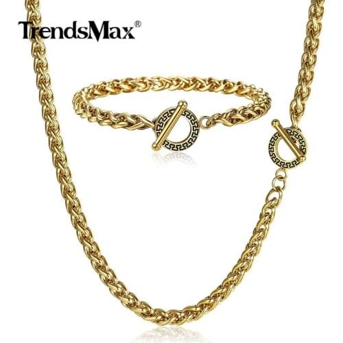 4mm/5mm Stainless Steel Chain Necklace Bracelet Sets for Men Women Unique Toggle Clasp Wheat Link Chain Jewelry Set Gift TSS08