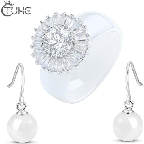 925 Sterling Silver Ceramic Jewelry Set Round Drop Earrings And 8MM Ceramic Dazzling Flower Ring White Pink Color Romantic Gifts