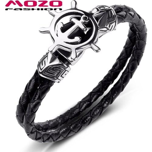 2020 New Men Jewelry Black Genuine Leather Bracelets Stainless Steel Punk Anchor Rudder Charm Simple Women Bangles