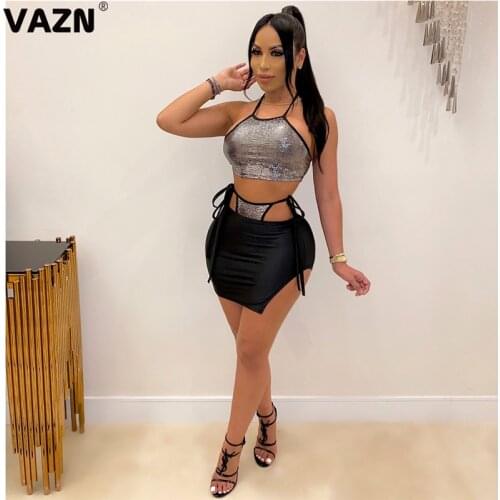 VAZN 2020 New Arrival Sexy Club Open Hollow out Solid Young Halter Strapless Backless Group Mini Skirts Women 2 Piece Set