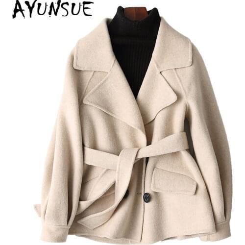 AYUNSUE 2020 New Spring Wool Coat Female Alpaca Coat of Womens Cashmere Short Autumn Jacket Women casaco With Belt 37156