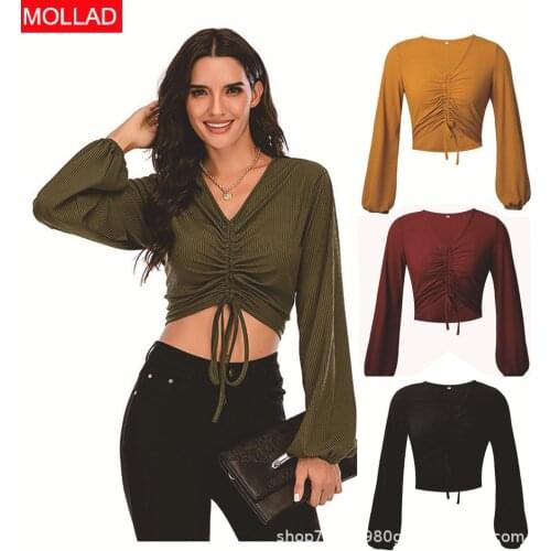2021 Autumn Solid Color Pullover V-neck Drawstring Lantern Sleeve Slim-Fit Commute T-shirt Womens Top