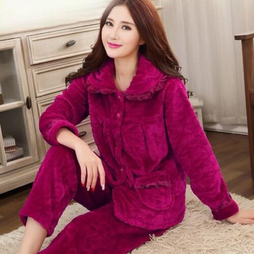 Autumn Winter Warm Pajamas Sets For Women Thick Flannel Coral Long Sleeve Female Pajama Pyjamas Set Sleepwear Home Clothing