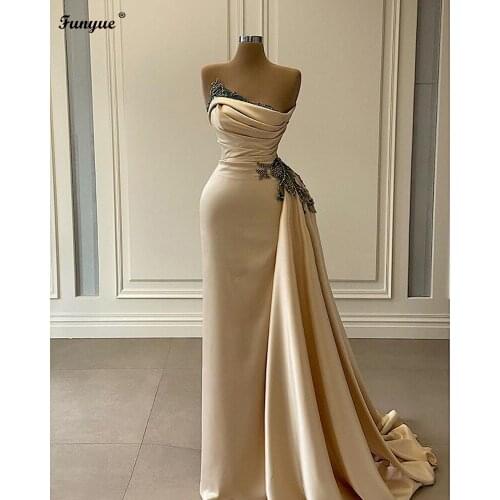 Vestidos De Fiesta 2021 Champagne Mermaid Evening Dress Pleat Satin Prom Dresses Long 2021 Dubai Kaftan Saudi Arabic Formal Gown